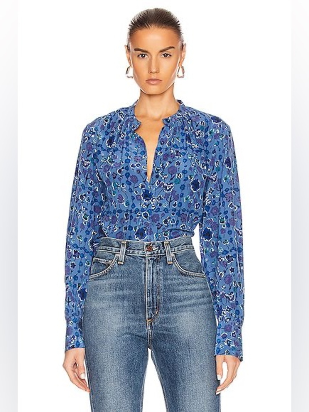 Equipment Causette 100% Silk Blue Floral Notch-Neck Flowy Boho Blouse Size L